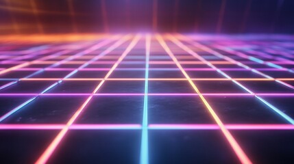 Retro grid neon lights, futuristic landscape, digital art background.