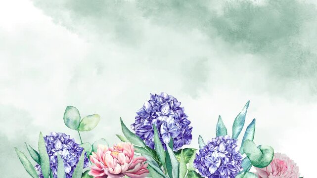 Watercolor leaves background, peonies and hydrangea flowers animation growing moving minimal decoration botanical ecological cosmetic wedding invitation spring summer plants
