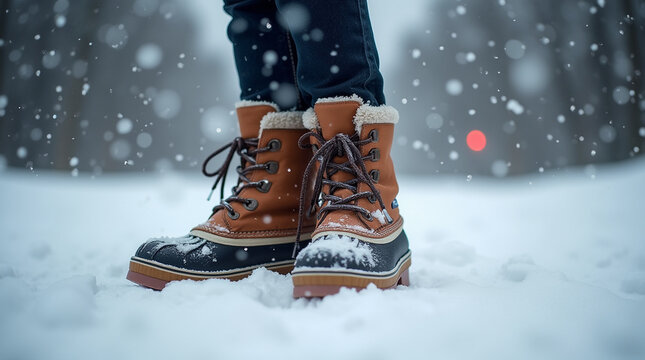 Pies con Botas Marrones y Calientes Bajo la Nieve, Clima Nevado, D&iacute;a de Nieve