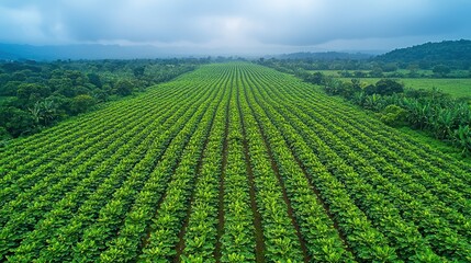 Aerial view of a vast green plantation in a hilly region, under a cloudy sky, for agricultural or environmental use
