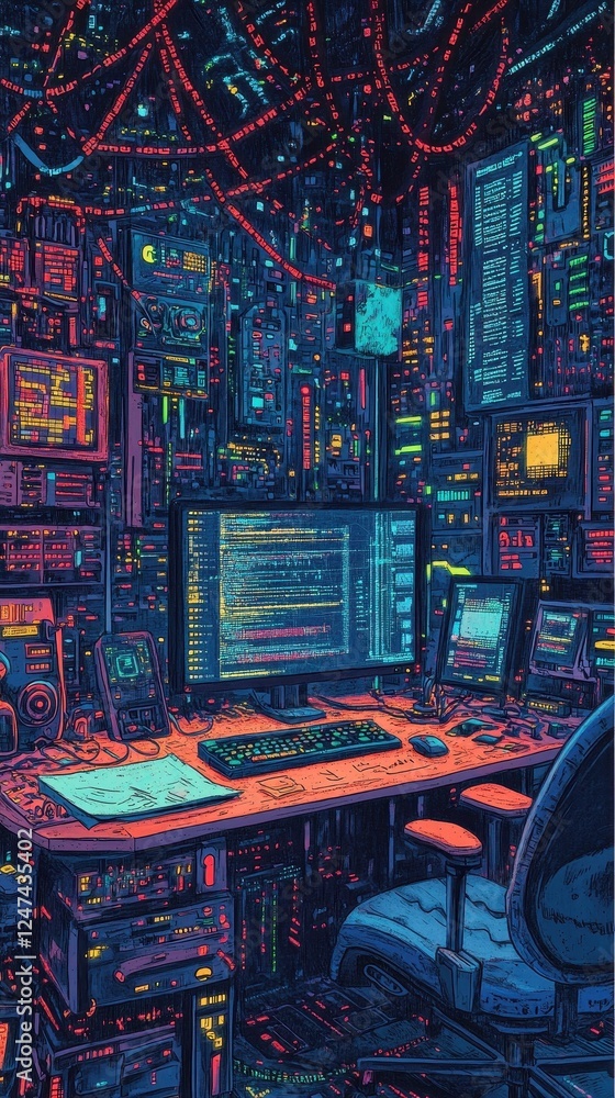 Poster futuristic cyberpunk coding station filled with glowing monitors and wires