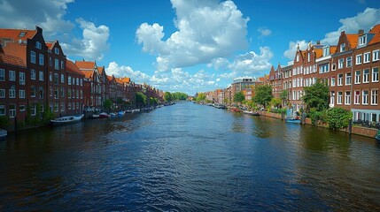Naklejka premium Scenic view of a canal lined with red-brick buildings and boats.