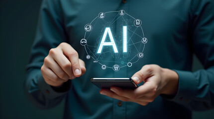 AI Technology on Smartphone: Man Holding Phone with Glowing AI Icon. Artificial Intelligence, Future Tech, and Digital Transformation Concept.
