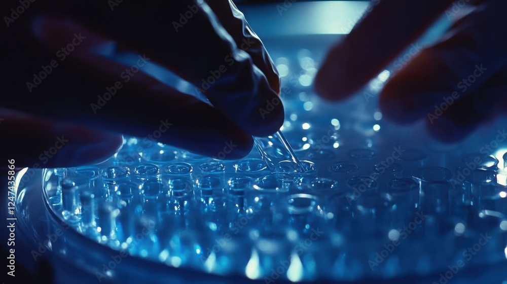 Poster hands carefully using a pipette to transfer liquid into multiple wells of a microplate, illuminated 