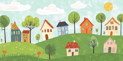 Whimsical illustration of colorful houses on rolling green hills
