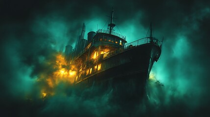 Fototapeta premium An Old Ship Sailing Through Dark Mysterious Fog