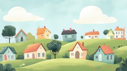 Whimsical cartoon houses dot a rolling green landscape beautifully