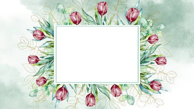 Watercolor leaves background and tulips flowers animation grow moving minimal decoration botanical ecological cosmetic wedding invitation spring summer plants