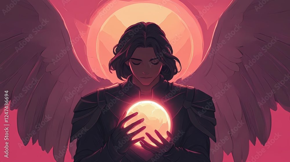 Canvas Prints A serene illustration of archangel uriel holding glowing orb, radiating warmth and light. Celestial Mythology. Illustration