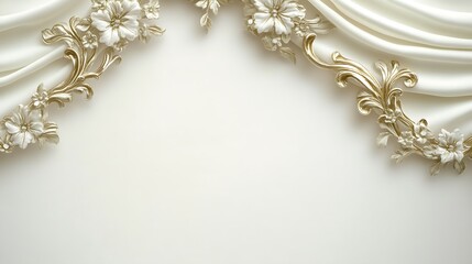 Elegant White Silk Drapery With Gold Floral Accents