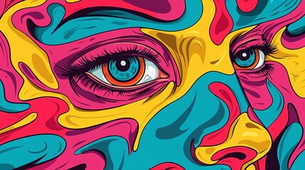 Fototapeta premium Retro 70s psychedelic digital art, doodle human face with oversized eyeball, surrounded by vivid colors and abstract patterns, creating a hippie trippy pop art vibe, seamless cartoon-style background 