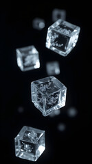 Floating Sugar Cubes: Macro Photography of Crystal Clear Sugar, Black Background, Minimalist Food Still Life, Sweet Ingredient Image