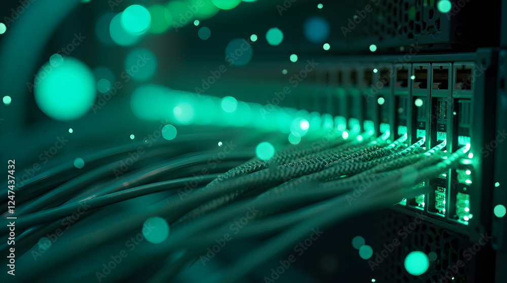 Poster network server rack with ethernet cables and green lights: data center infrastructure, high-speed in