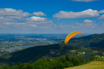 Paragliders on Zar mountain of Beskid. Poland