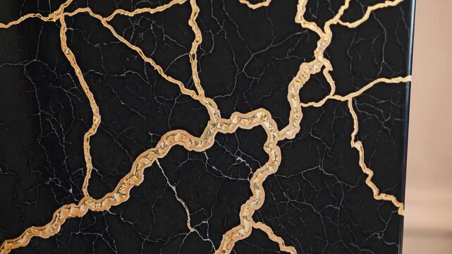 A skilled artisan carefully applies kintsugi techniques to reveal stunning gold lines on a sleek black piece, creating a harmonious blend of art and craftsmanship.