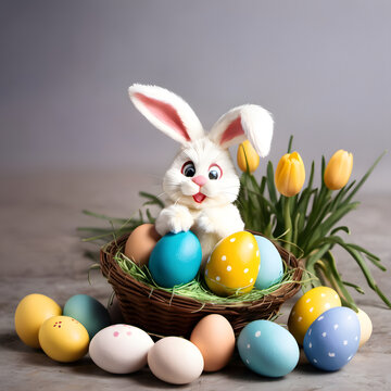Celebra&ccedil;&atilde;o de Primavera: Coelhinho e Lebre com Ovos Coloridos, Presentes e Decora&ccedil;&atilde;o Sazonal na Relva