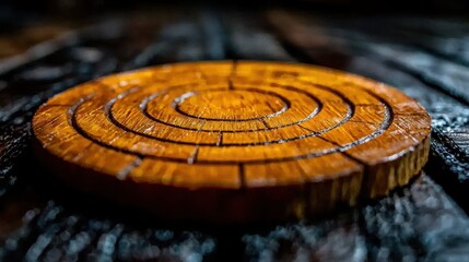 A close-up of a circular wooden coaster with concentric grooves.