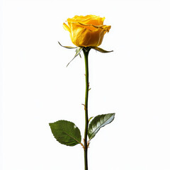 Obraz premium A single yellow rose stands upright, its green leaves and stem contrasting with the stark white background.