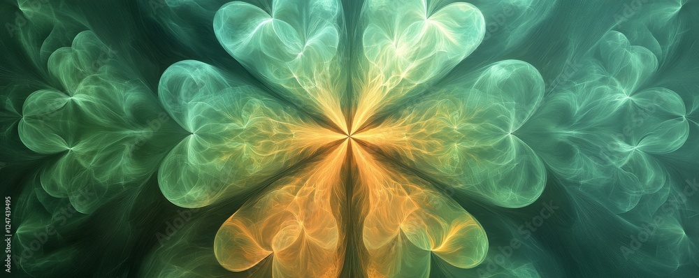 Poster a symmetrical fractal pattern with green and orange swirling forms.