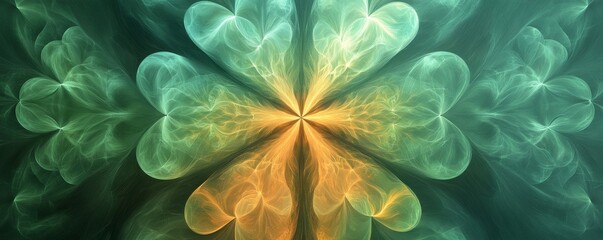 Obraz premium A symmetrical fractal pattern with green and orange swirling forms.