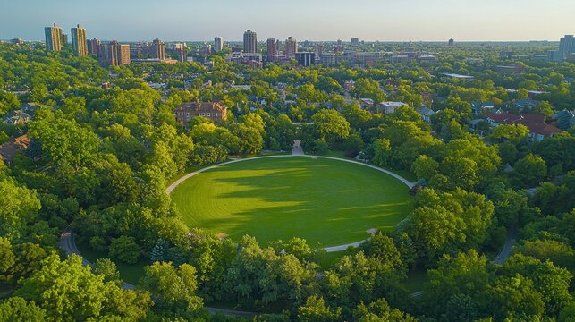 Aerial view of city park, green lawn, cityscape background; travel, tourism