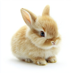 Obraz premium A small, fluffy, light brown bunny sits against a bright white background, its eyes dark and expressive.