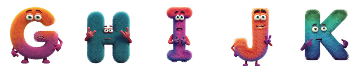 Colorful cartoon letters G, H, I, J, and K with playful expressions at transparent background. PNG with transparency