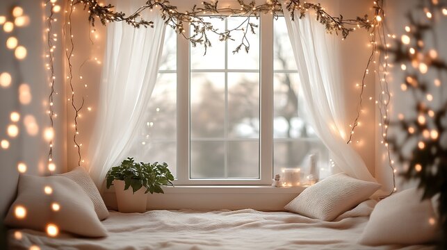 Cozy Window Seat Winter Decor With Fairy Lights - Powered by Adobe