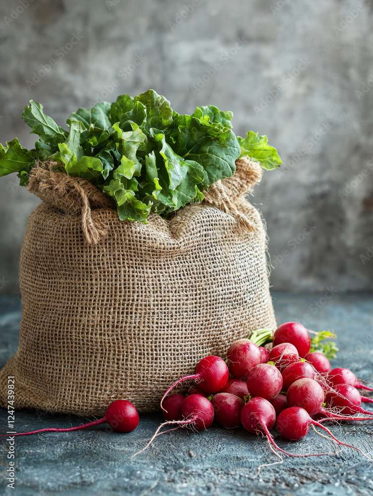 Sticker Fresh radishes and leafy greens spill from a burlap sack onto a textured surface, set against a muted background.