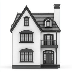 Monochrome rendering of a two-story house with steep roof, dormers, and balcony, isolated on white.