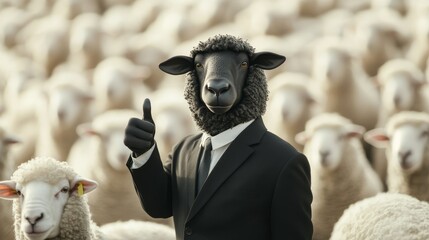 Black sheep wearing a suit, standing tall with a thumbs-up, amidst a group of white sheep