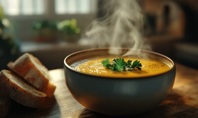 A steaming bowl of creamy pumpkin soup garnished with fresh parsley, served on a wooden table alongside crusty bread