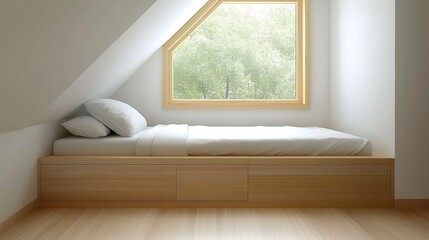 Minimalist Bedroom Design with Wooden Bed and Large Window Overlooking Greenery in Bright Atmosphere