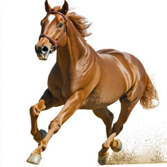 Obraz premium A chestnut horse with bridle gallops powerfully, kicking up dust against a bright, clear background.