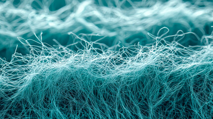 Close-up shot of teal fabric, with intertwining white threads creating a textured, layered, and slightly blurred abstract pattern.