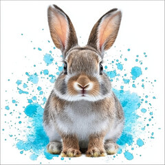 Fototapeta premium A cute rabbit sits against a backdrop of bright blue watercolor splashes.