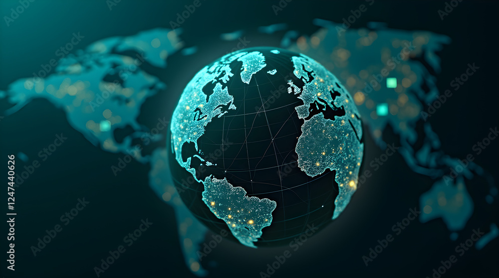 Poster global network visualization: 3d globe with digital connections, world map background, technology & 