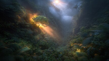 Mysterious Forest Landscape Bathed in Enchanting Light with Illuminated Foliage at Twilight