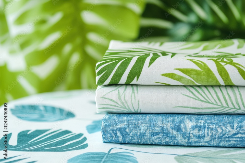 Poster tropical patterns in vibrant summer fabrics stacked on a table surrounded by lush greenery in a brig