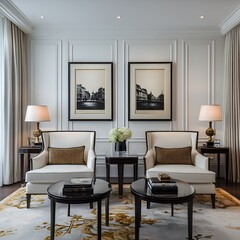 Elegant Living Room with Classic Cityscape Artwork