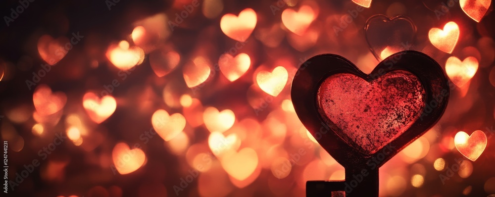 Aufkleber heart shaped key with a keyhole surrounded by a soft bokeh of heart shapes at night
