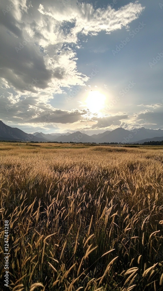 Poster a vast expanse of golden wheat sways gently in the breeze, illuminated by the warm glow of the setti