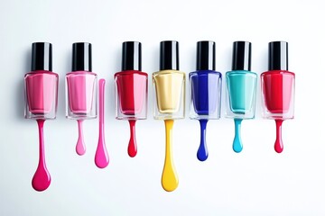 Pink nail polish bottles with dripping liquid isolated on white