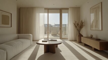 Spacious Minimalist Living Room with Sunlight Streaming Through Window and Cozy Furniture Arrangement