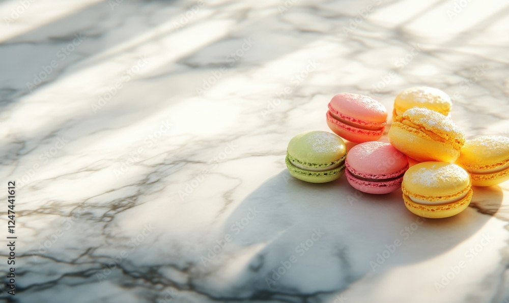 Poster array of colorful macarons styled on a marble surface with soft natural light, creating a delightful