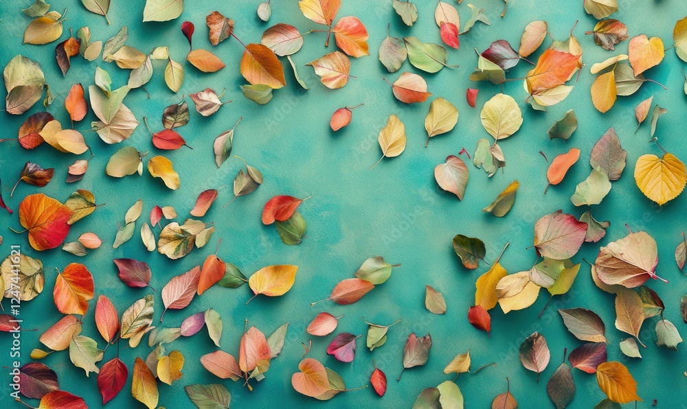 Poster array of colorful autumn leaves spread out against a vibrant teal surface, with textures and shadows