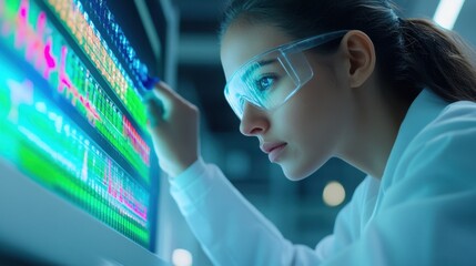 Focused scientist wearing protective eyewear analyzes complex data on a vibrant digital screen, highlighting modern technology in scientific research and data analysis