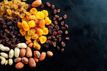Colorful assortment of dried fruits and nuts arranged on a dark surface for a healthy snack