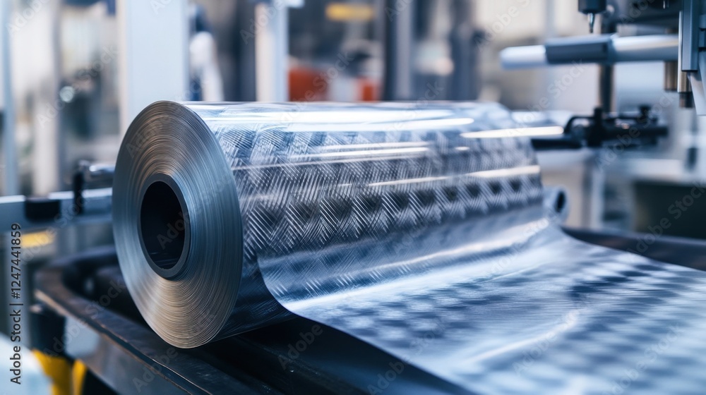 Aufkleber large roll of textured material is unwinding in an industrial setting, showcasing advanced manufactu