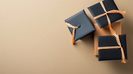 Graduation gifts are elegantly presented in black boxes with gold accents